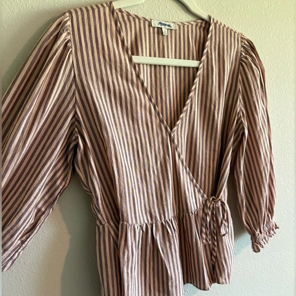 NWOT Madewell Top Puff-Sleeve Peplum Wrap Top Women’s XS Stripes Pink Cotton